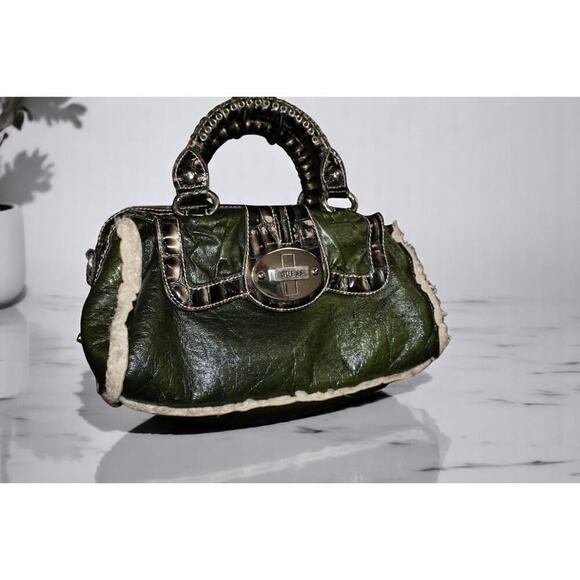 Vintage GUESS Olive Green Faux Leather Shearling Handbag | Y2K Croc Trim Logo - Picture 2 of 15